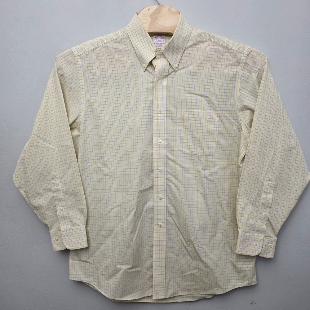 Brooks Brothers 346 Mens Yellow Blue Micro Check Non-Iron Shirt 16.5 34/35 - Picture 1 of 7